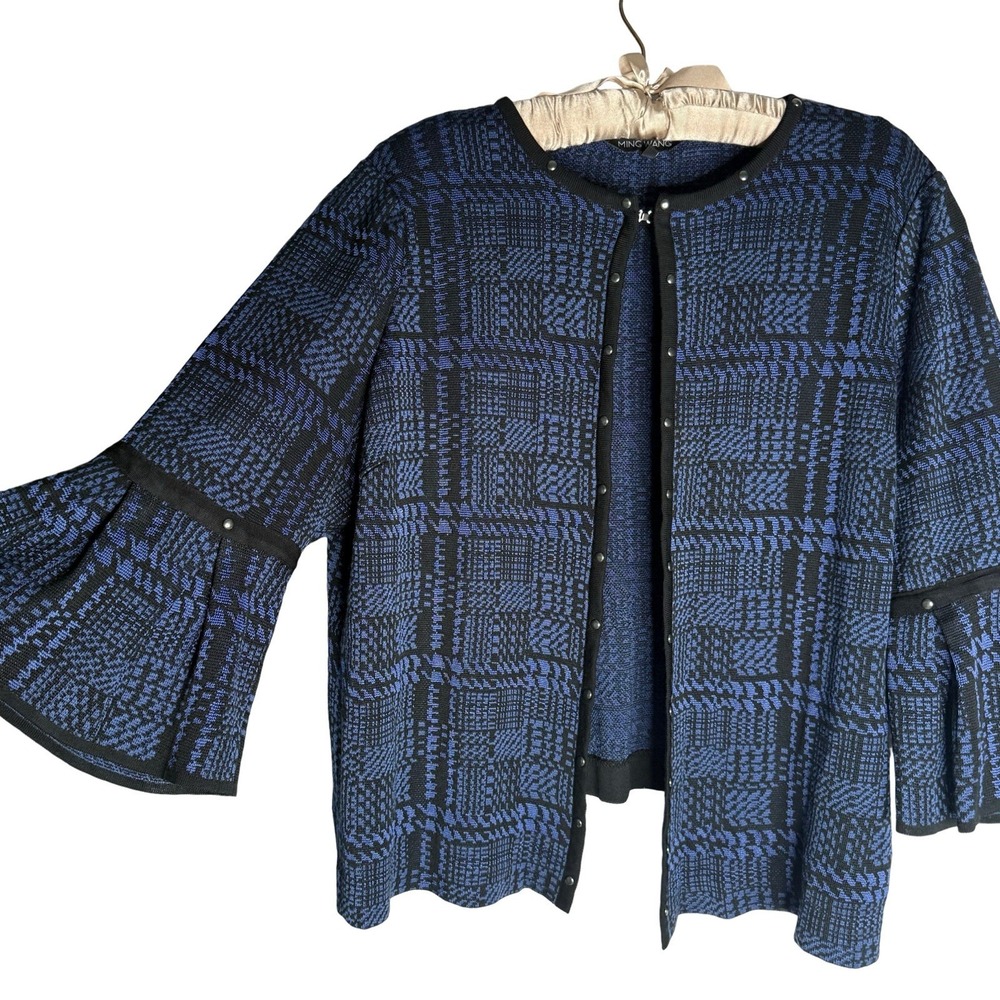 Ming Wang Blue Black Plaid Studded Open Front Knit Cardigan Jacket Womens 1X